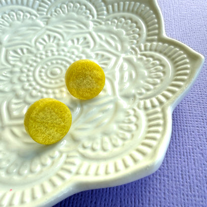 Australian handmade yellow stud earrings with gold or silver findings, Holographic Shimmer