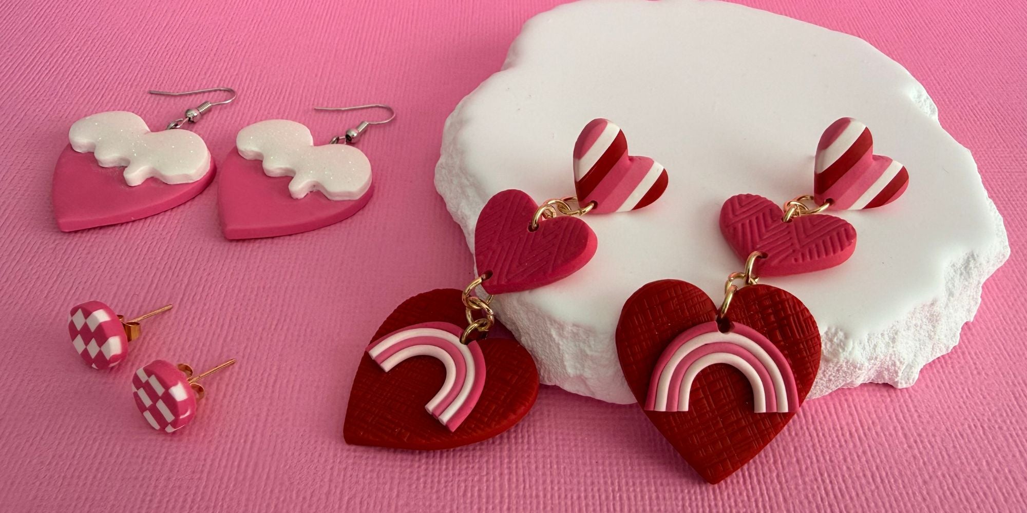 Australian handmade resin earrings from Katie Tilson Studios in red, pink and white designs.