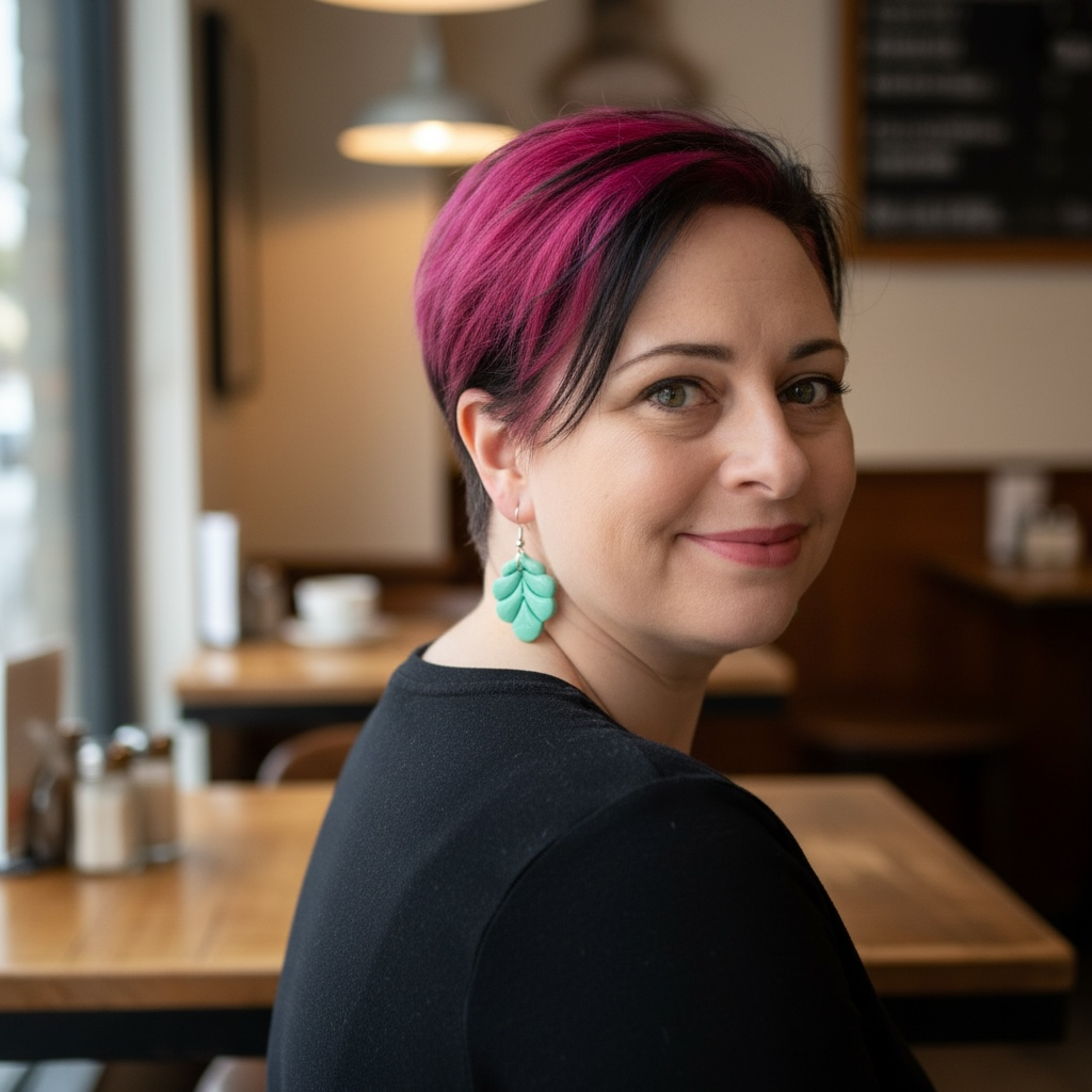 Katie Tilson, maker and designer behind Katie Tilson Studios, smiling in a cafe setting