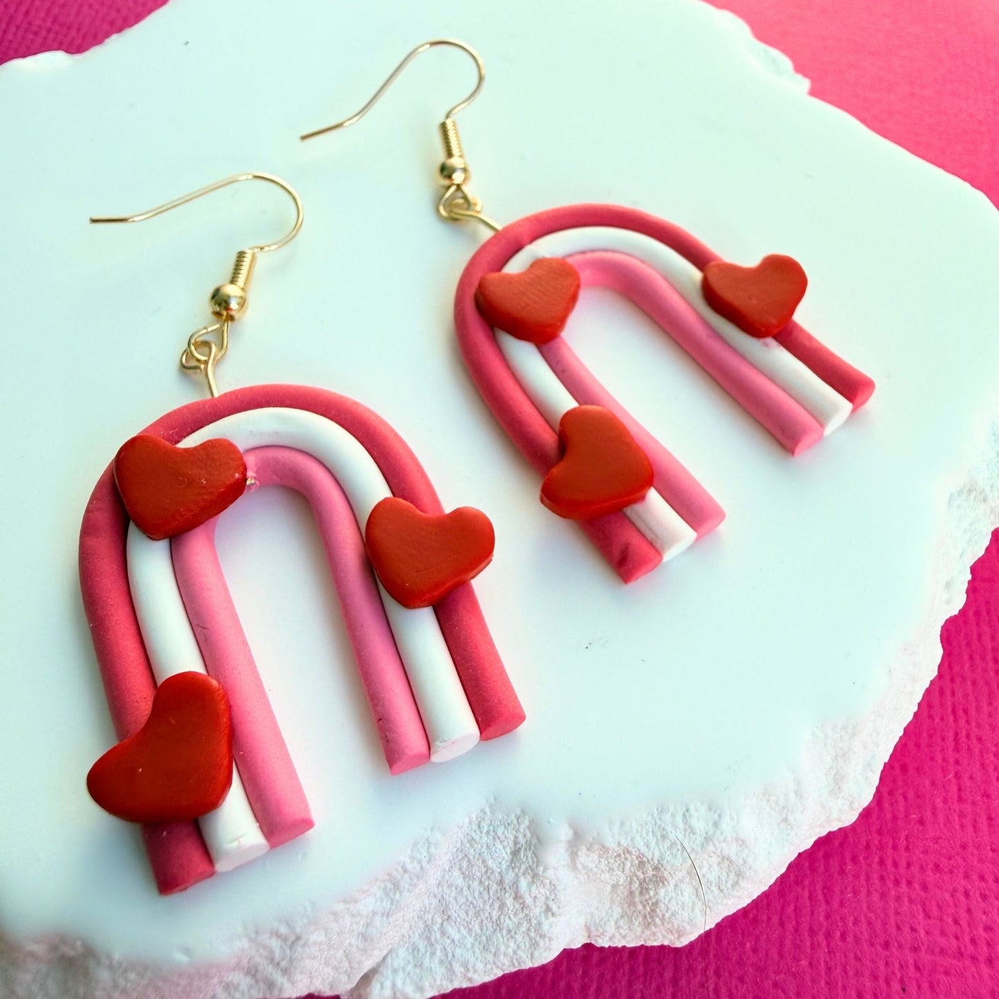 Australian handmade polymer clay dangle earrings Love Arc Rainbows with gold findings