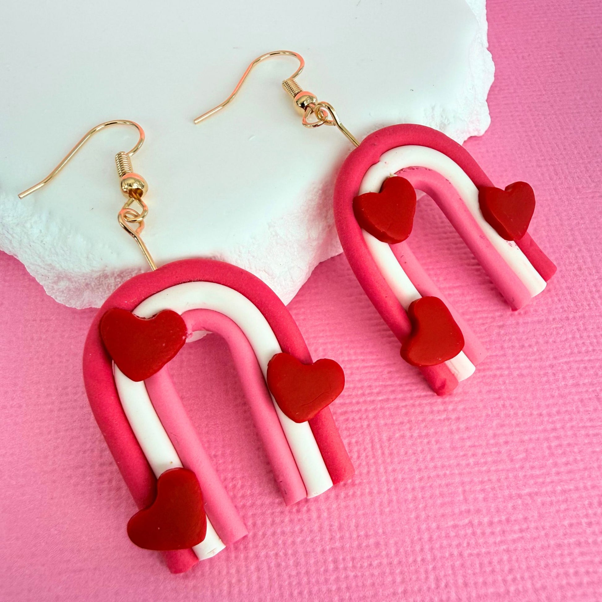Australian handmade dangle earrings Love Arc Rainbows in playful polymer clay