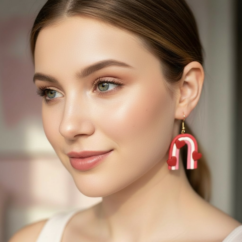 Australian handmade dangle earrings Love Arc Rainbows worn by model showing movement and scale