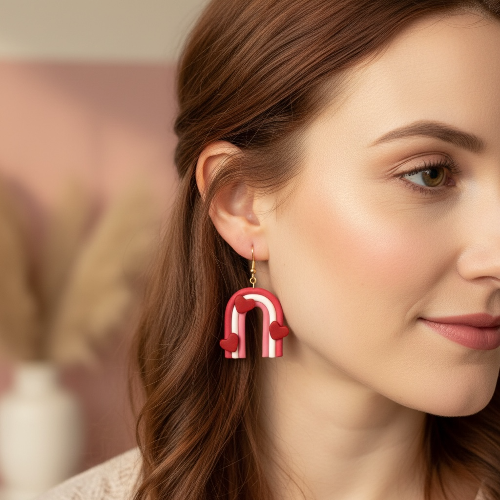 Australian handmade dangle earrings Love Arc Rainbows worn for whimsical everyday style