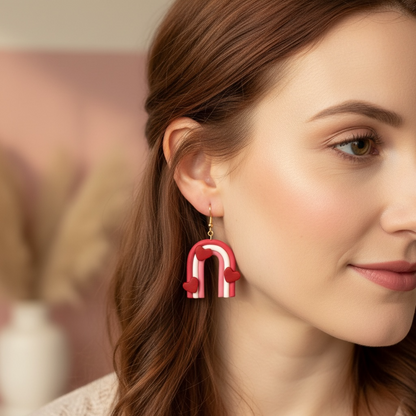 Australian handmade dangle earrings Love Arc Rainbows worn for whimsical everyday style