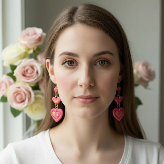 Australian handmade dangle earrings Love Letter worn for whimsical everyday style