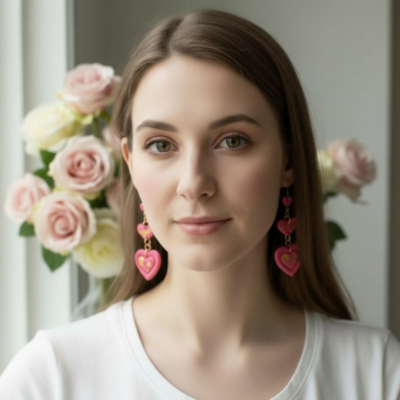 Australian handmade dangle earrings Love Letter worn for playful everyday style