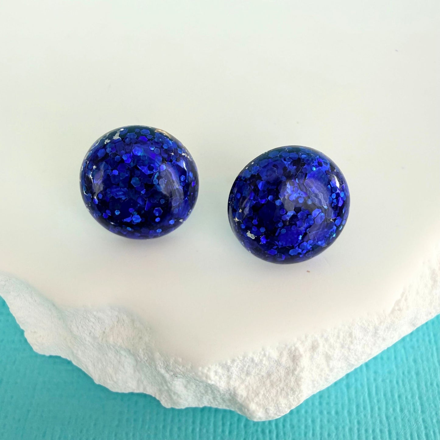 Australian handmade stud earrings Midnight Glow in sparkly resin