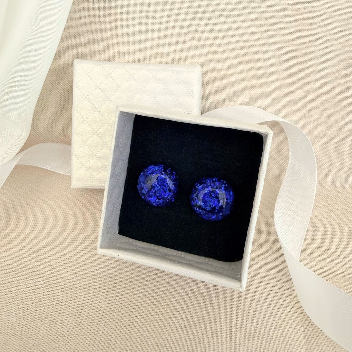 Australian handmade stud earrings Midnight Glow blue resin in gift box with white ribbon
