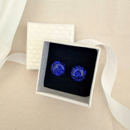 Australian handmade stud earrings Midnight Glow blue resin in gift box with white ribbon