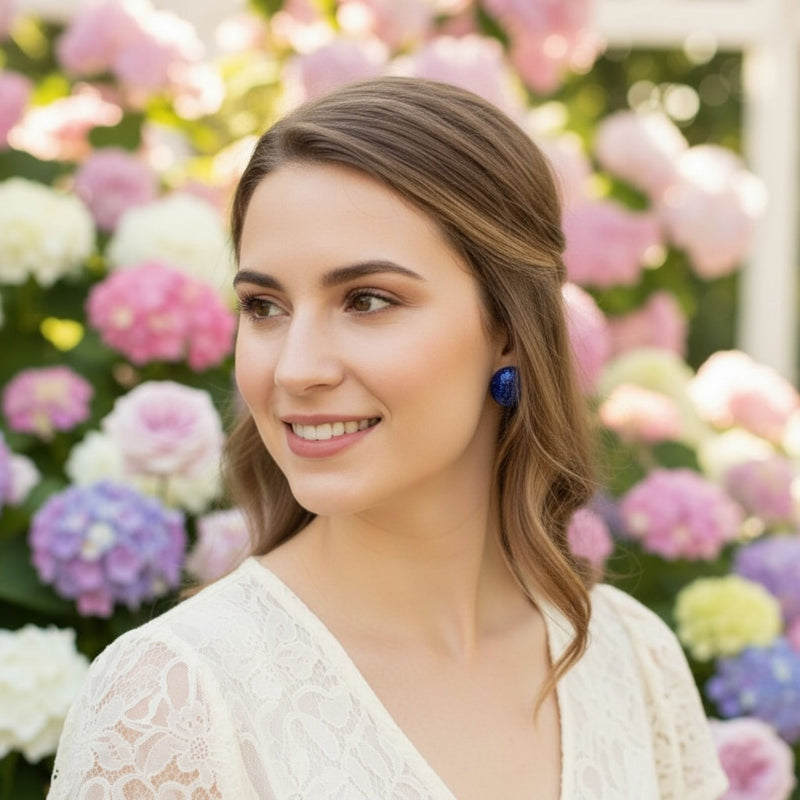 Australian handmade stud earrings Midnight Glow worn for joyful sparkle