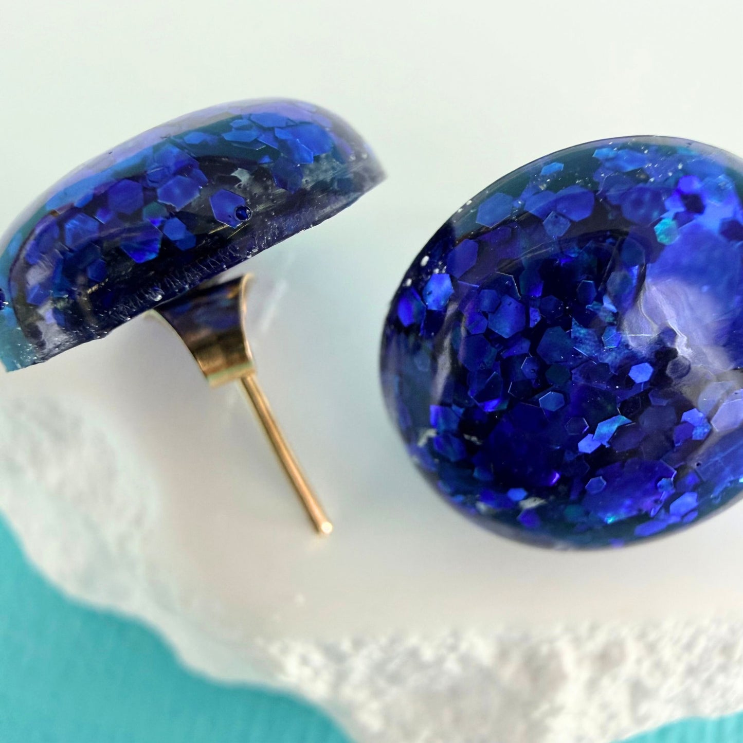 Close up of lightweight handmade stud earrings Midnight Glow