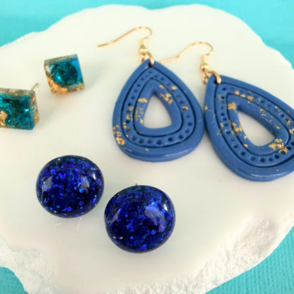 Australian handmade stud earrings Midnight Glow styled with other Katie Tilson Studios earrings