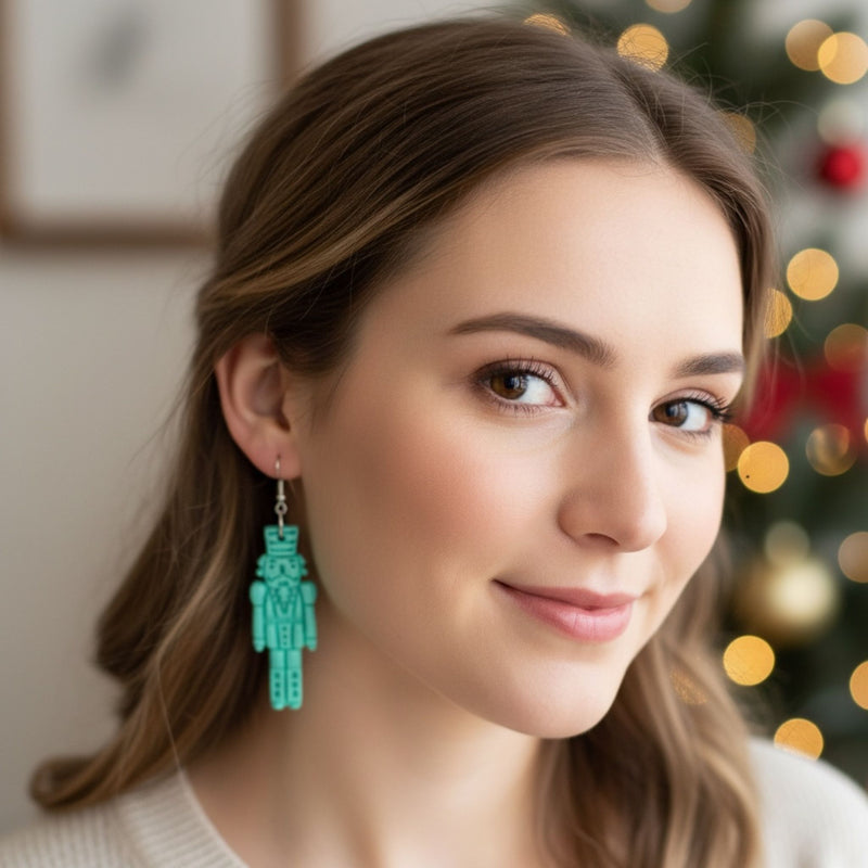 Australian handmade dangle earrings Mint Cracker worn for playful style