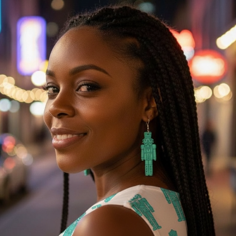 mint cracker mint green polymer clay nutcracker design earrings worn on model