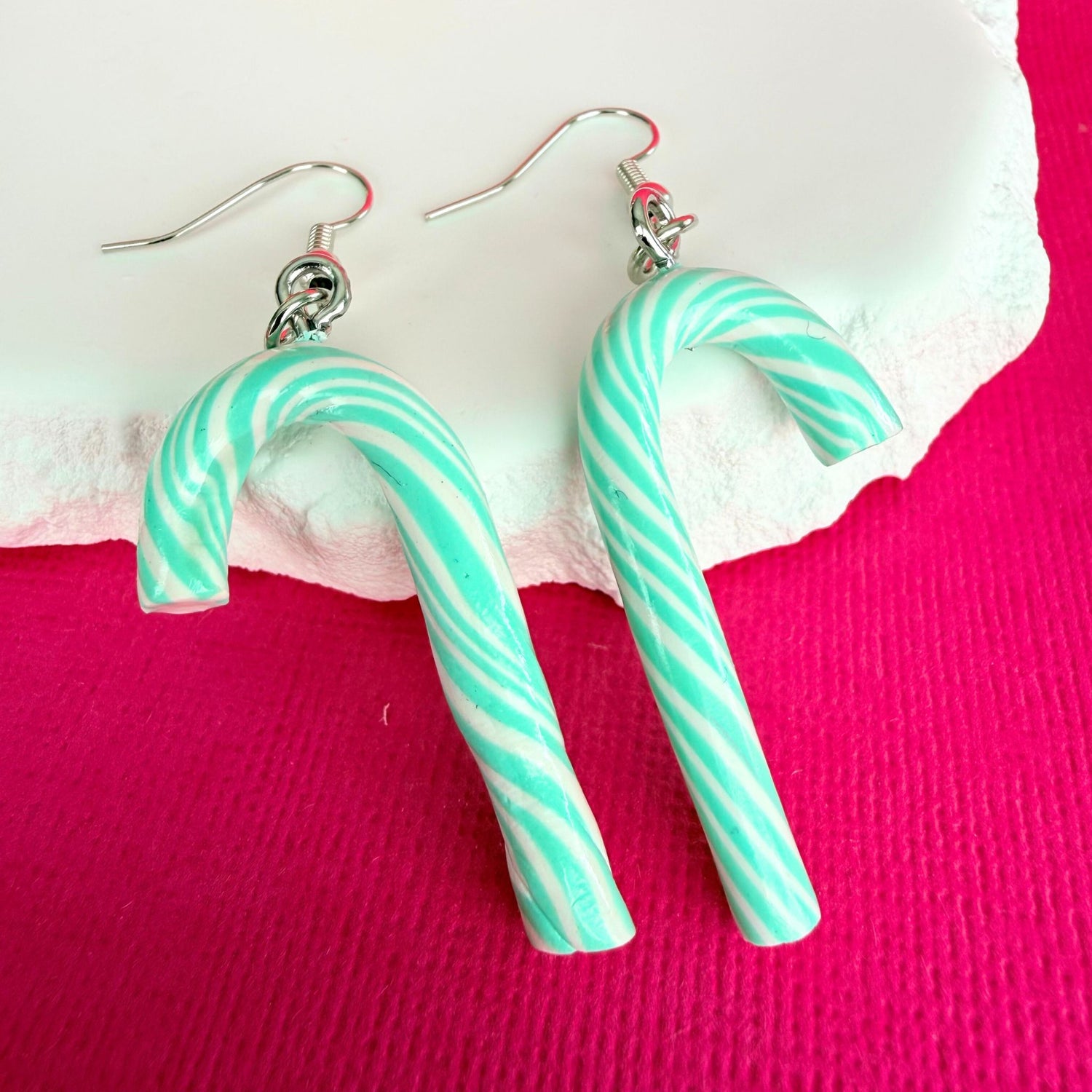 Australian handmade dangle earrings Mint Frost Candy Canes with playful polymer clay charms