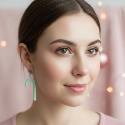 Australian handmade dangle earrings Mint Frost Candy Canes worn for playful everyday style