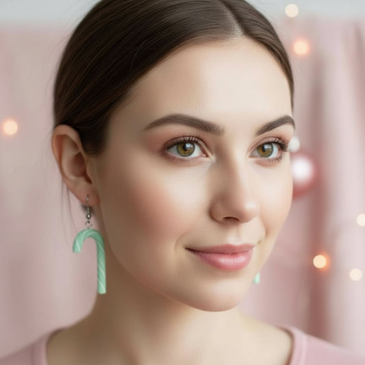 Australian handmade dangle earrings Mint Frost Candy Canes worn for playful everyday style