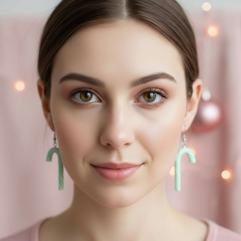 Australian handmade dangle earrings Mint Frost Candy Canes worn for joyful everyday style