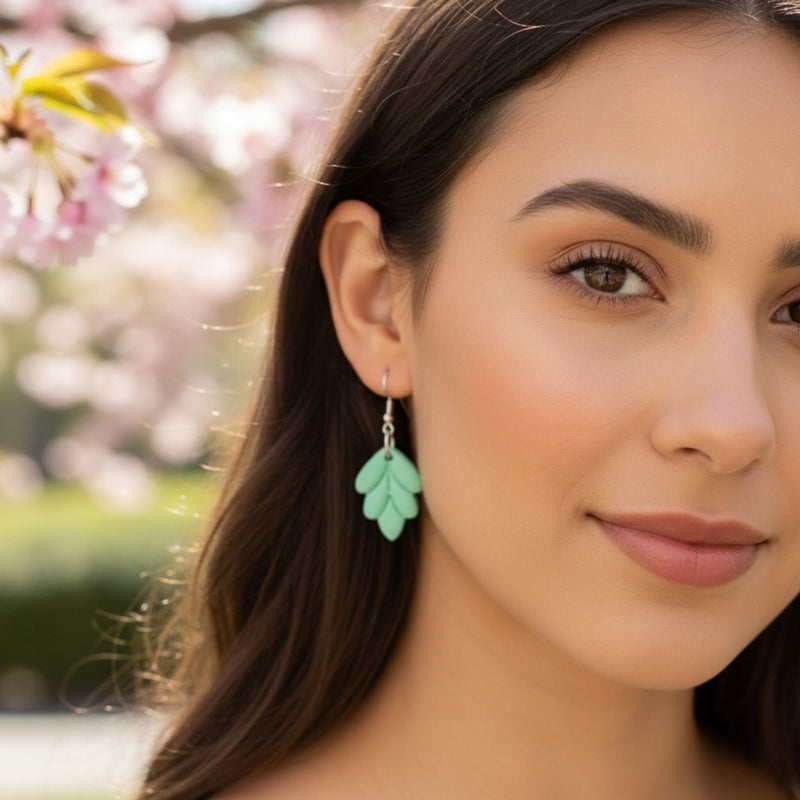 Australian handmade dangle earrings Mint Leaf worn for playful charm