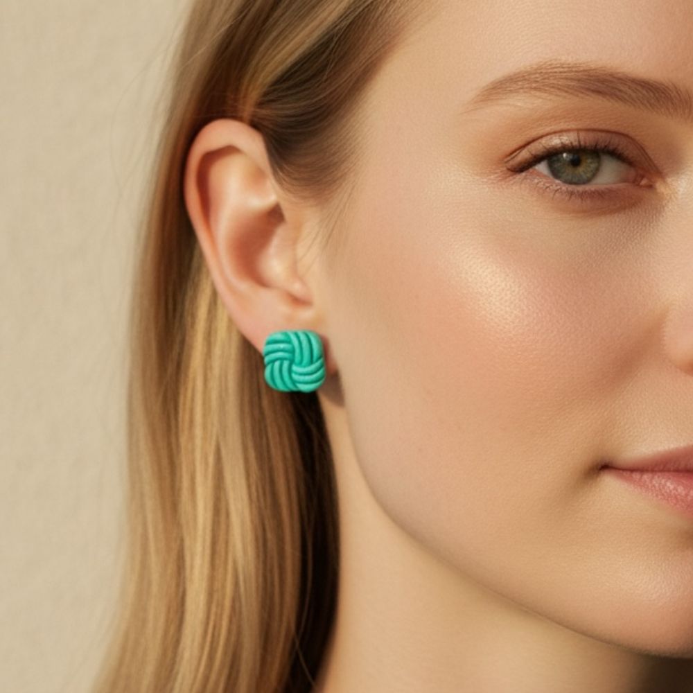 Close-up of a woman wearing turquoise knotted handmade stud earrings against a neutral background.