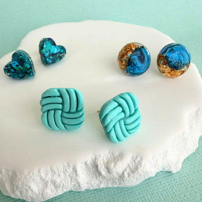 Australian handmade stud earrings Mint Swirl styled with other Katie Tilson Studios earrings