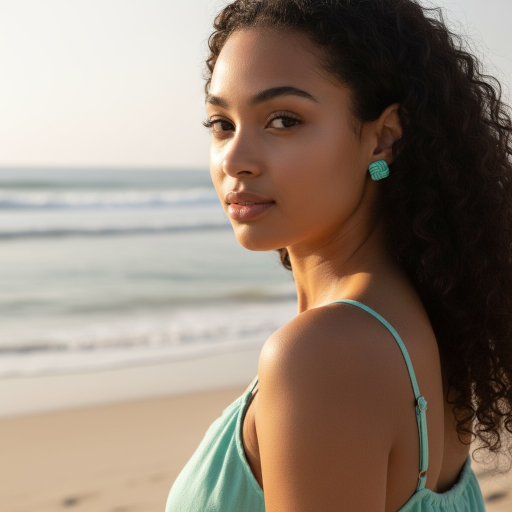 Australian handmade stud earrings Mint Swirl worn for playful style