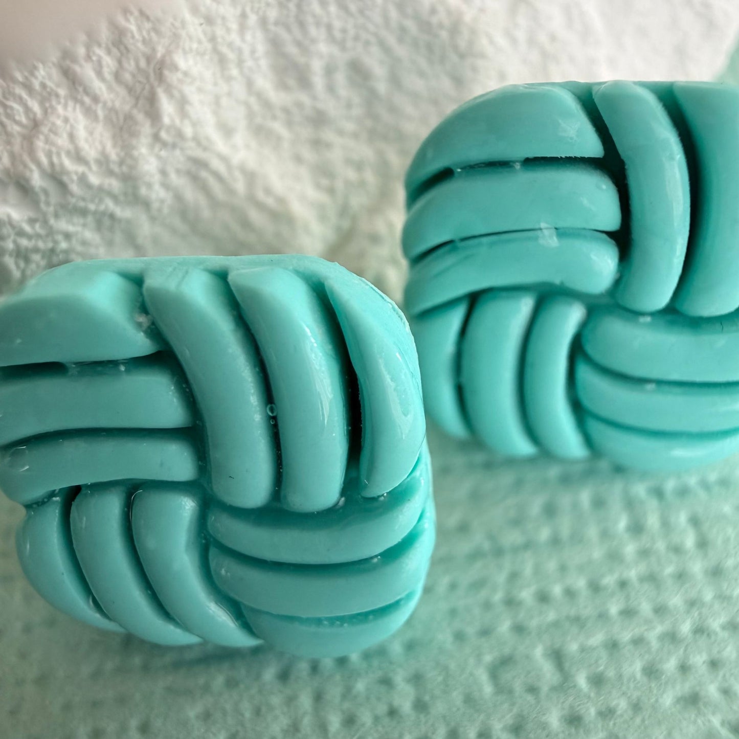 Close up of lightweight handmade stud earrings Mint Swirl