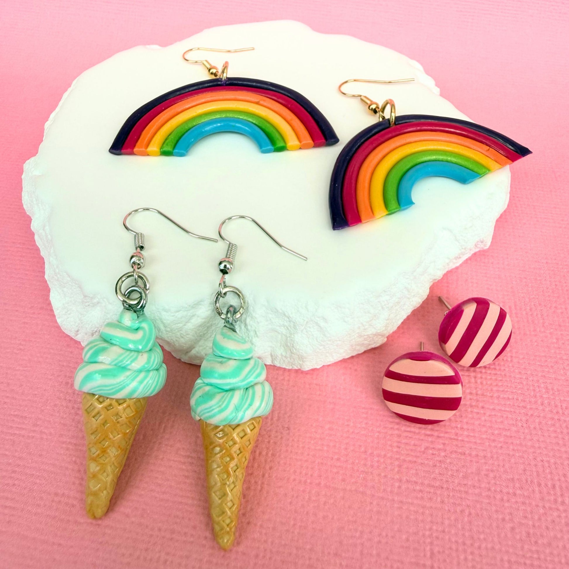 Australian handmade dangle earrings Minty Dreams Soft Serve Cones styled with other Katie Tilson Studios earrings