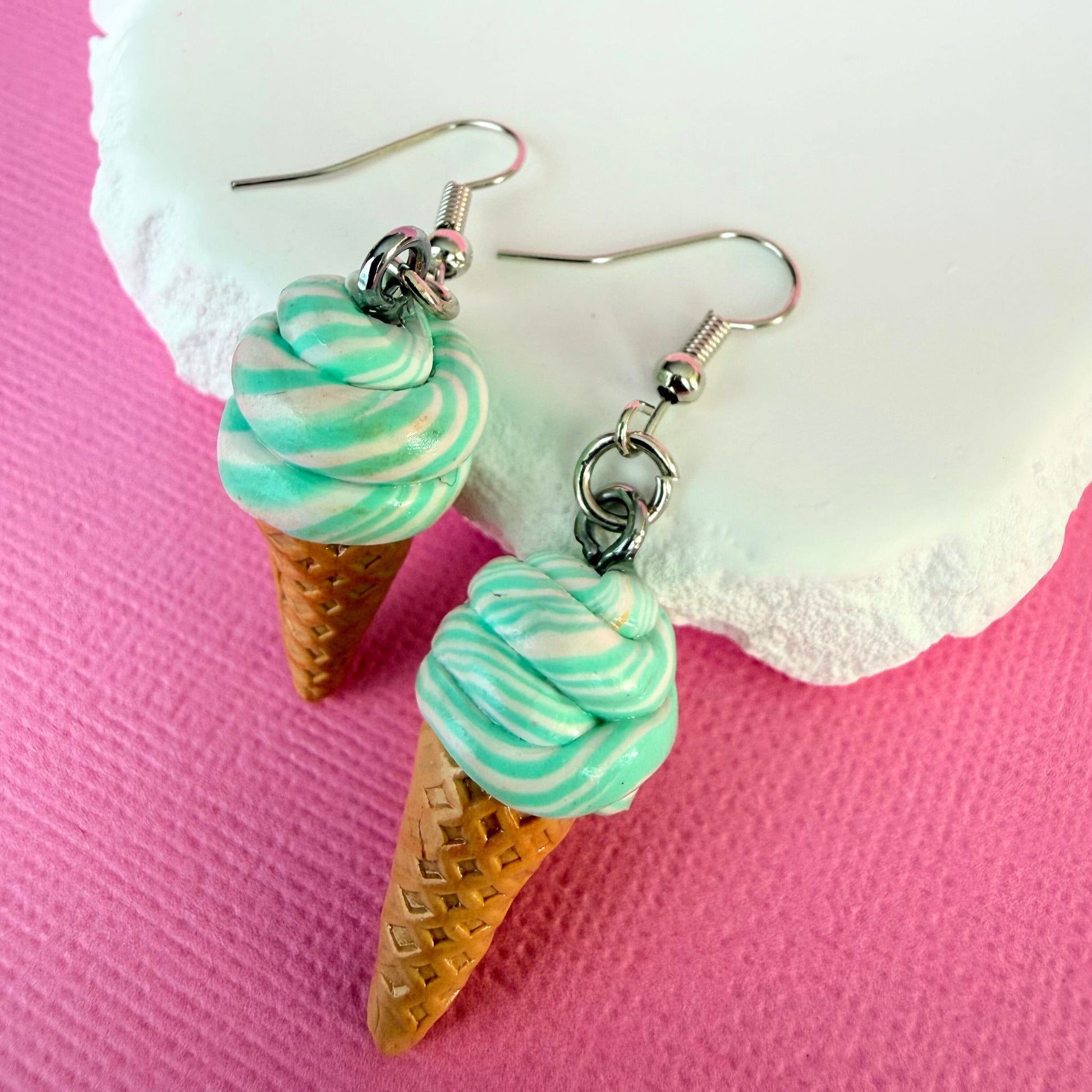 Australian handmade dangle earrings Minty Dream Soft Serve Cones with playful polymer clay charms
