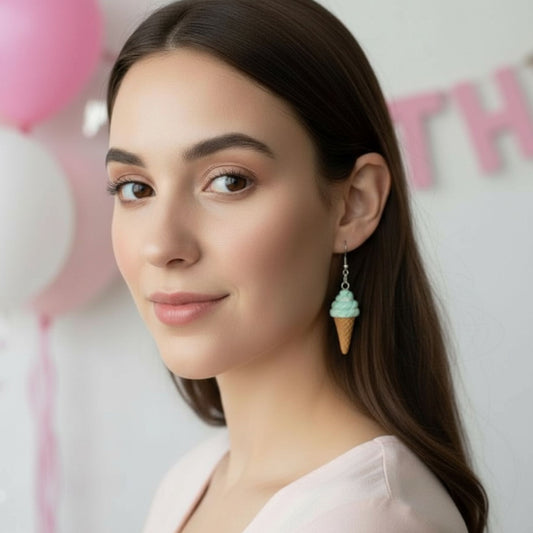 Australian handmade dangle earrings Minty Dreams Soft Serve Cones worn for playful everyday style
