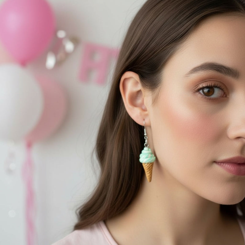 Australian handmade dangle earrings Minty Dreams Soft Serve Cones worn for joyful everyday style