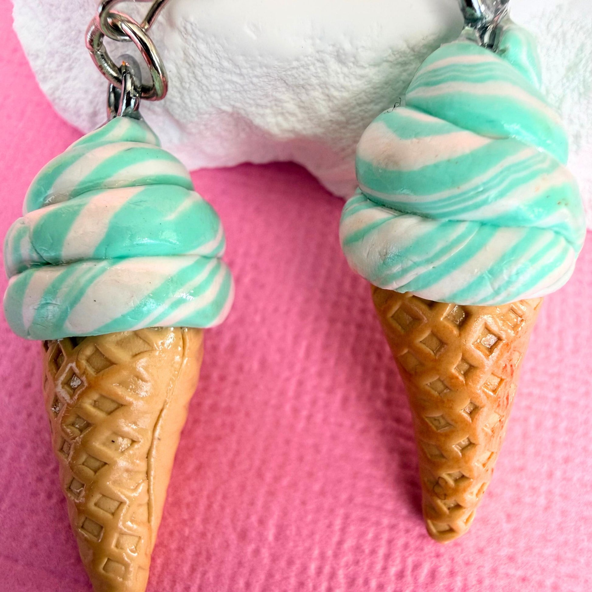 Close up of lightweight handmade dangle earrings Minty Dreams Soft Serve Cones
