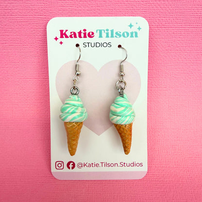 Handmade dangle earrings Minty Dream Soft Serve Cones in gift packaging