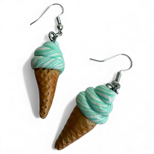 a pair of polymer clay earrings with mint green and white swirled icecream in a waffle cone design with silver coloured hooks