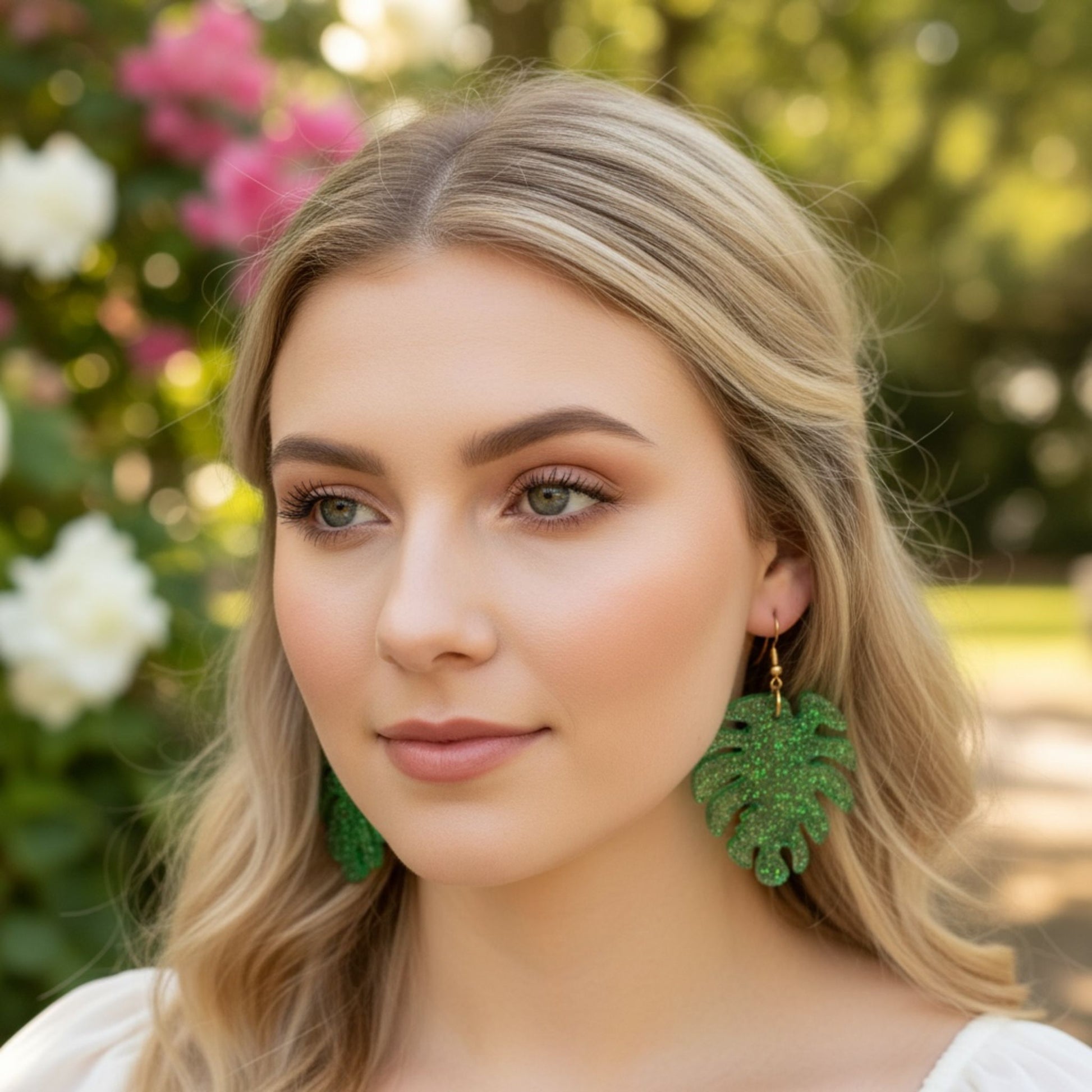 Australian handmade dangle earrings Monstera Magic worn for joyful everyday style