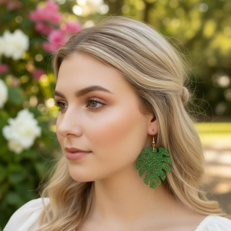 Australian handmade dangle earrings Monstera Magic worn for playful everyday sparkle