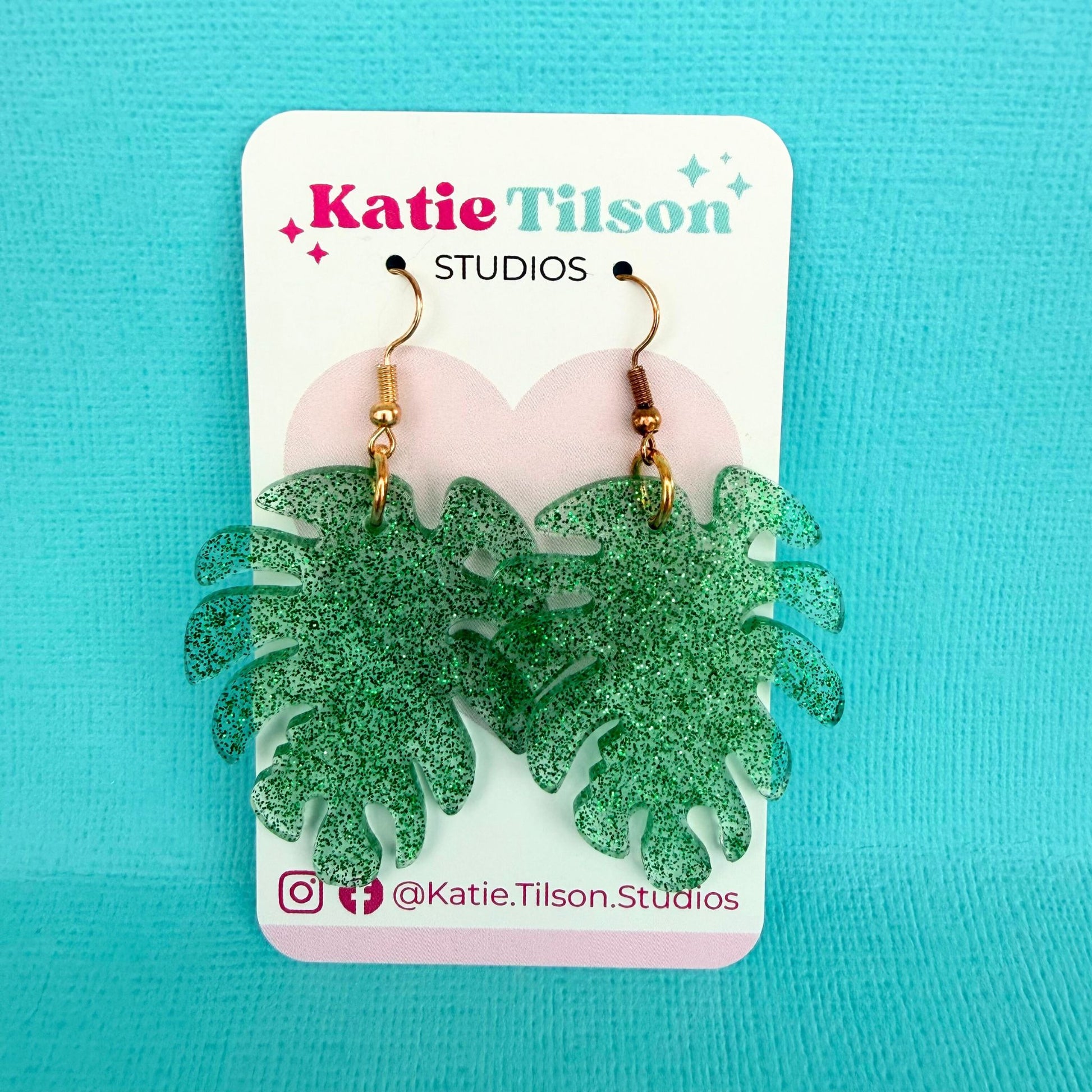 Handmade dangle earrings Monstera Magic in gift packaging