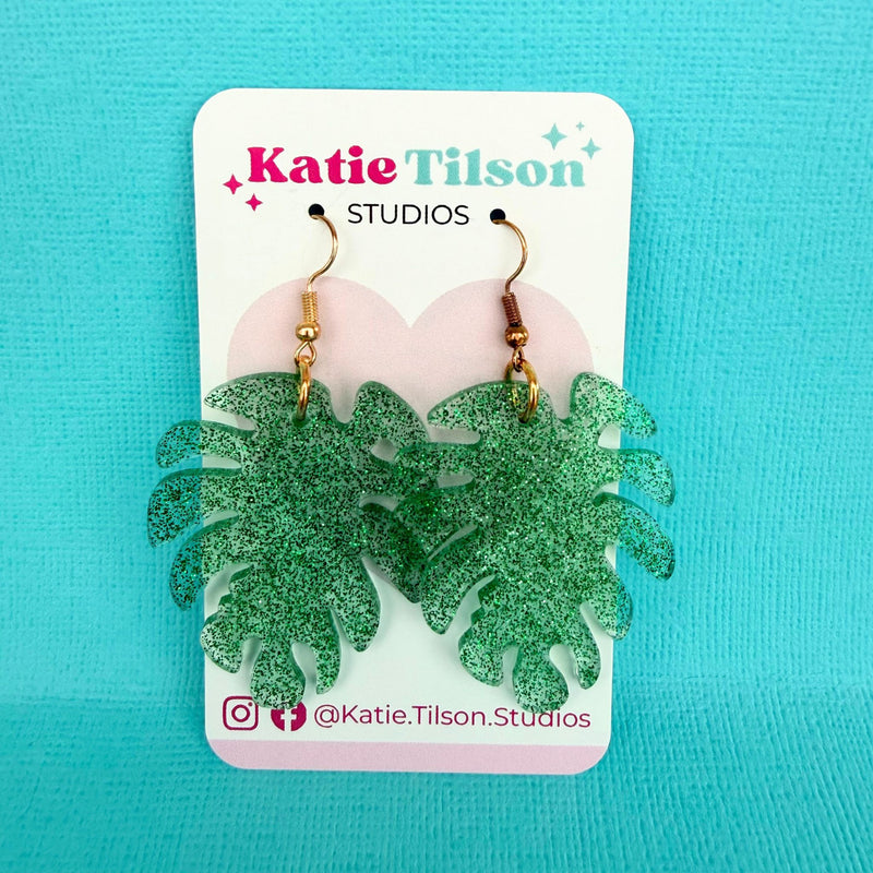 Handmade dangle earrings Monstera Magic in gift packaging