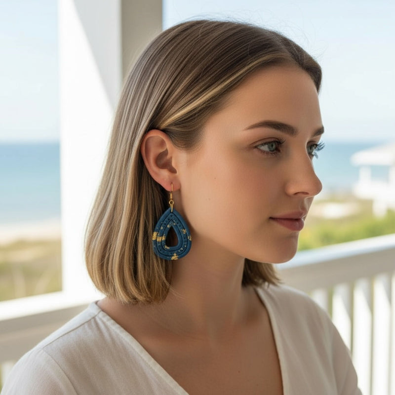 Australian handmade dangle earrings Ocean Gleam Teardrops worn for playful everyday style