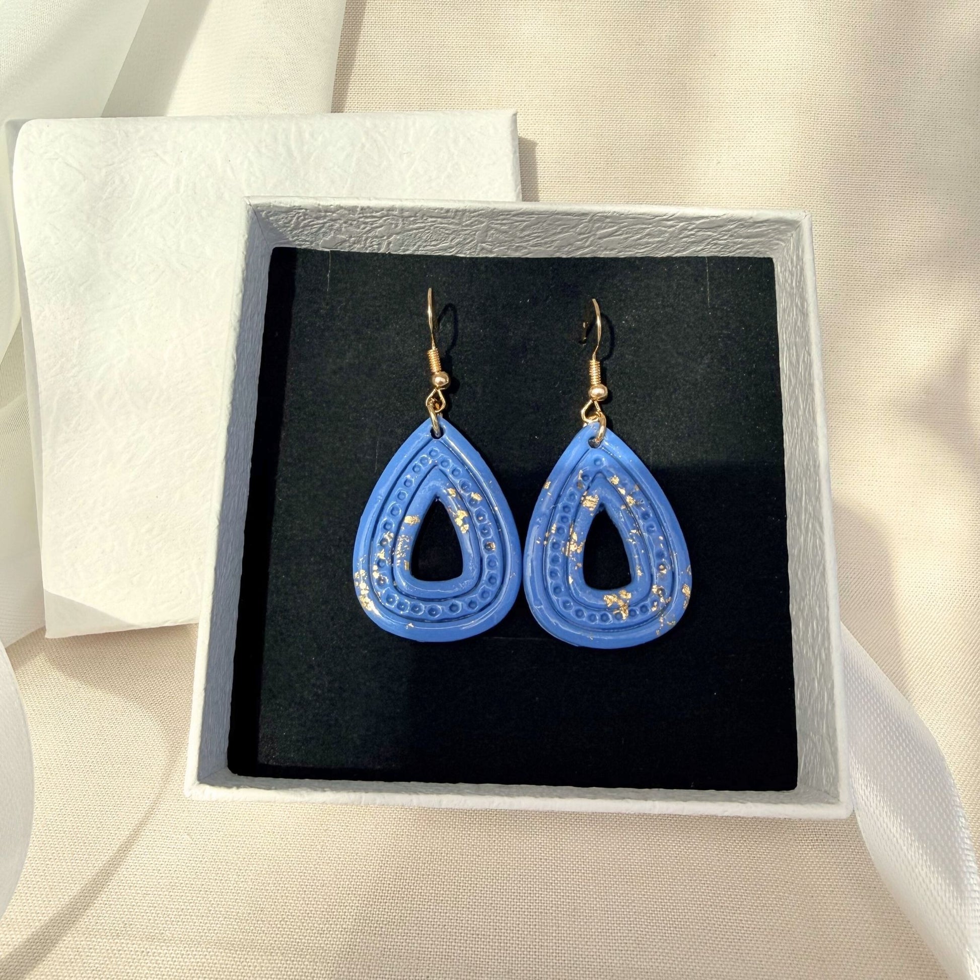 Australian handmade dangle earrings Ocean Gleam Teardrops presented in gift box with ribbon.
