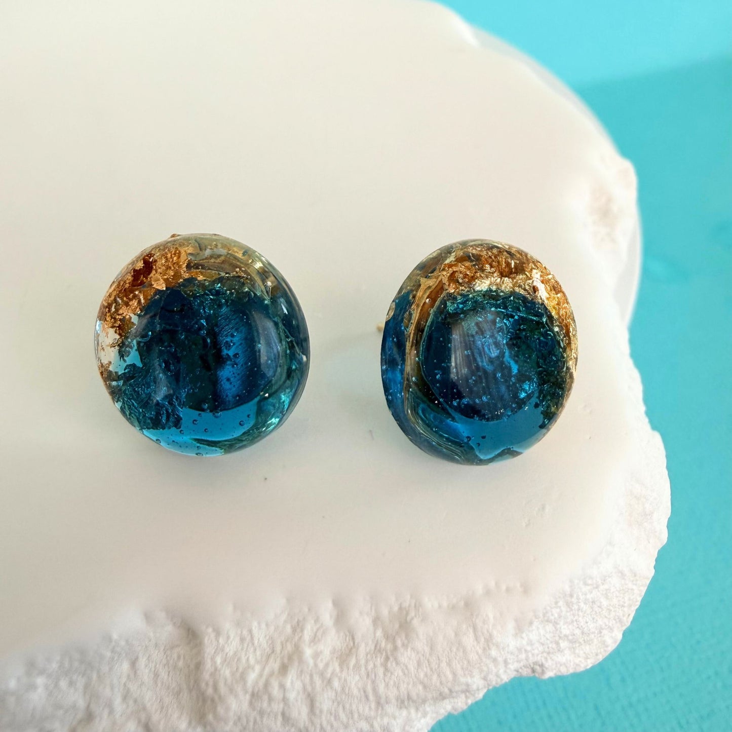 Australian handmade stud earrings Ocean Pebble Glow in resin sparkle