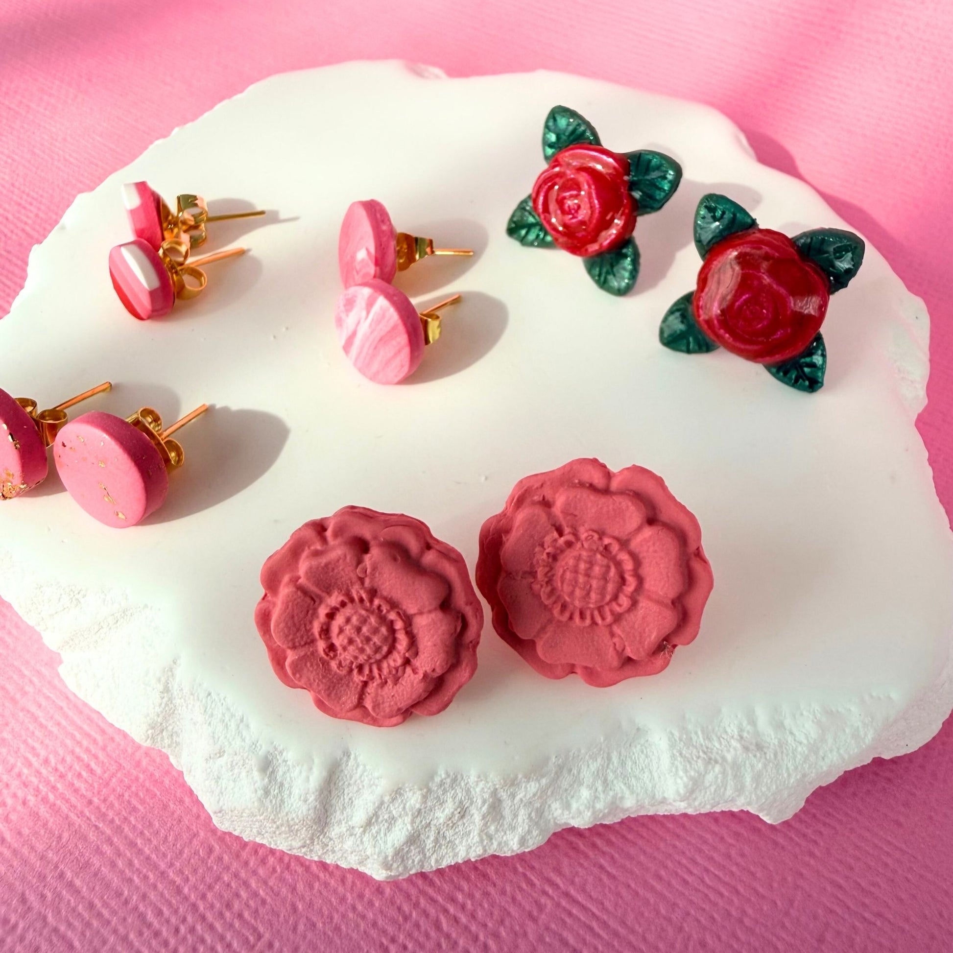 Australian handmade stud earrings Peach Blossom styled with other Katie Tilson Studios earrings