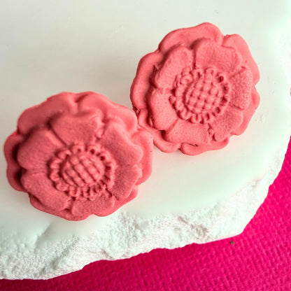 Close up of lightweight handmade stud earrings Peach Blossom