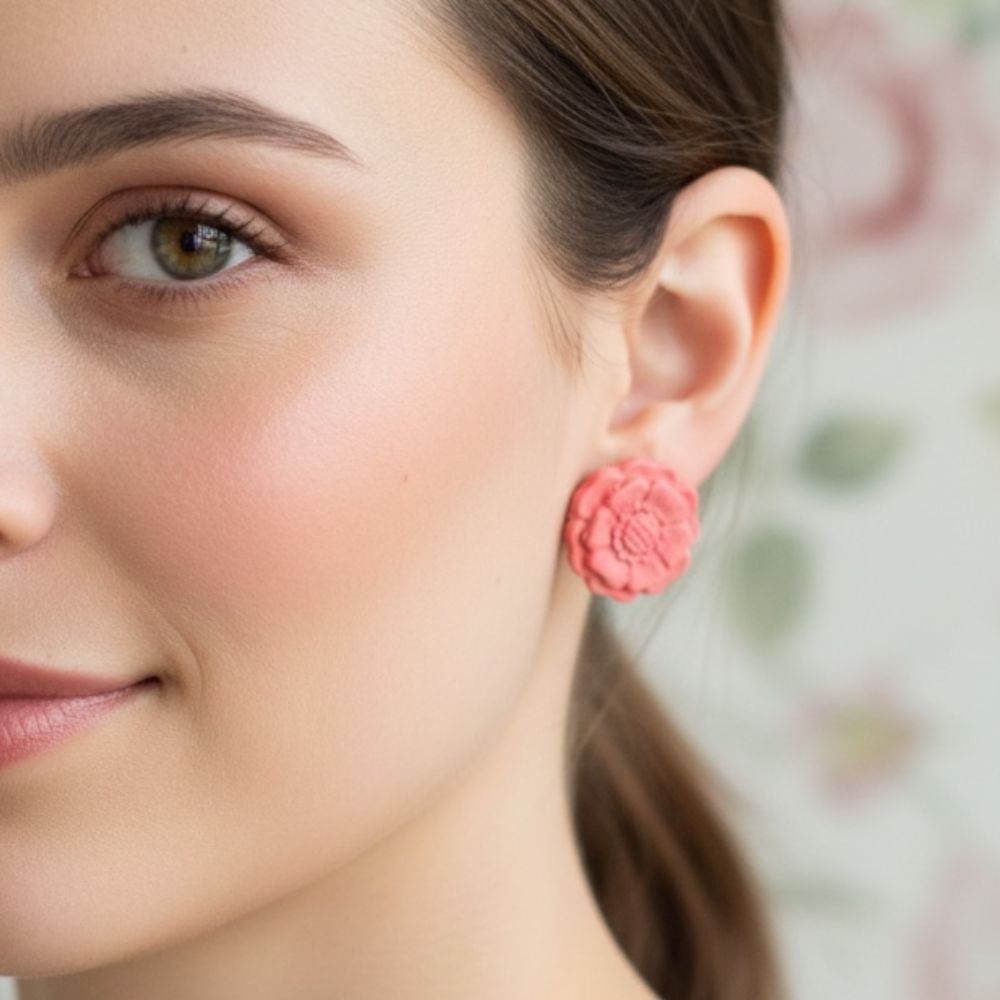 Close-up of a woman wearing Australian handmade earring Peach Blossom in blush pink floral stud design with a blurred background.