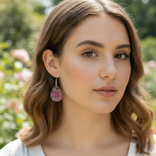 Australian handmade dangle earrings Petal Drift Teardrops worn for whimsical everyday style