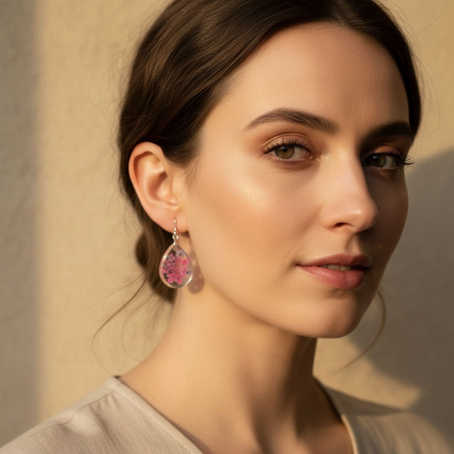 Close-up of a woman wearing pink and purple handmade Australian resin floral earrings against a neutral background