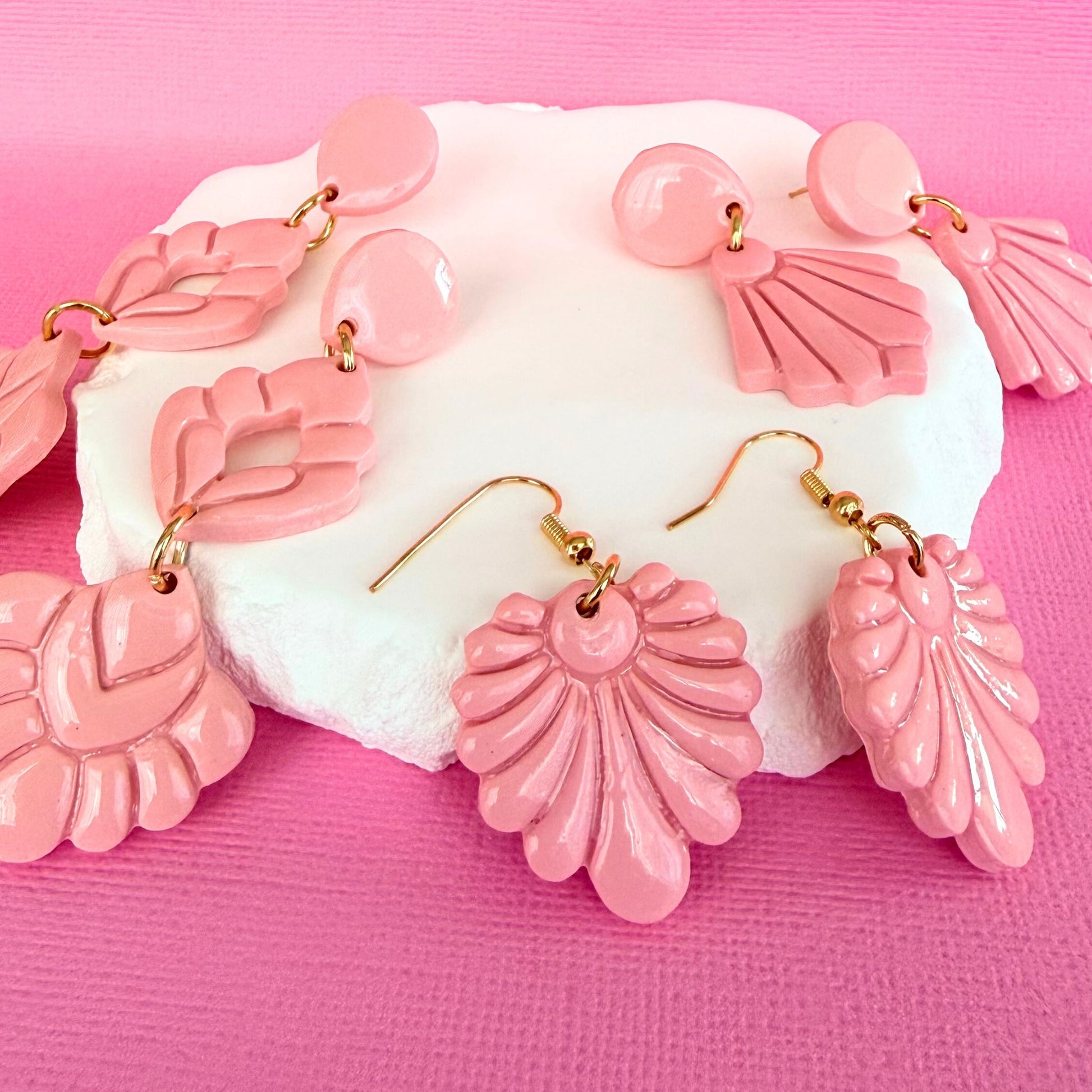 Australian handmade dangle earrings Pink Delight styled with other Katie Tilson Studios earrings