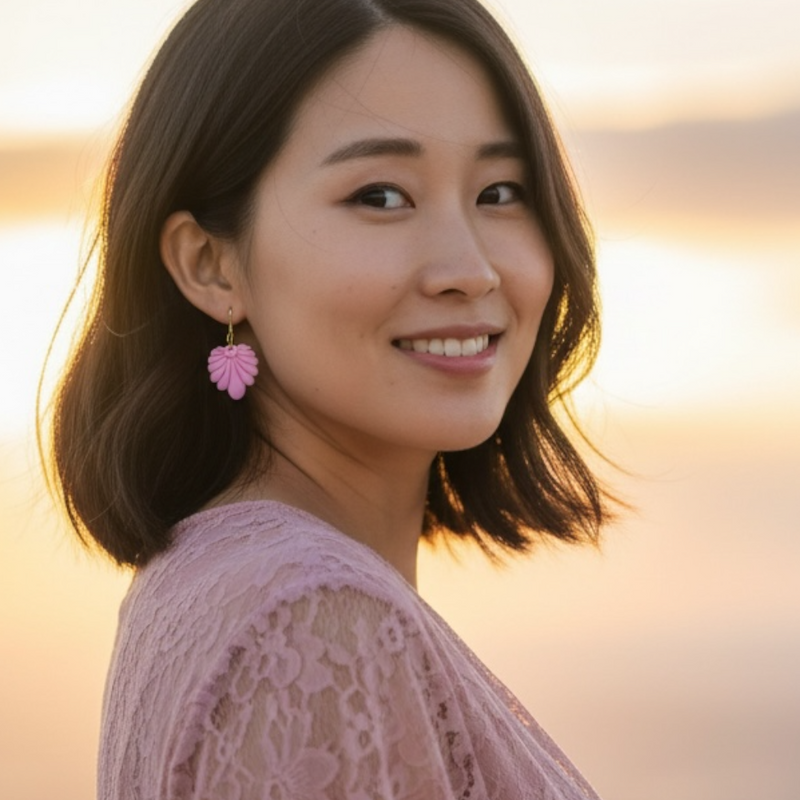 Pink delight vintage style polymer clay earring worn by a woman with mid length hair