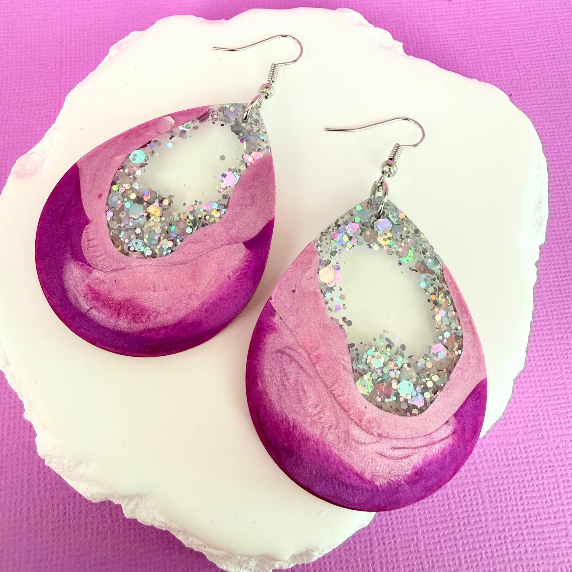 Australian handmade statement earrings Pink Geode shown in large size