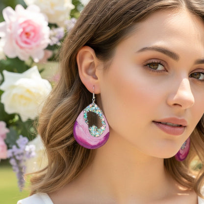 Australian handmade dangle earrings Pink Geode worn for whimsical everyday sparkle